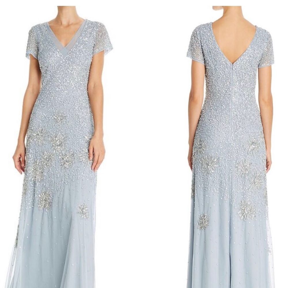 Adrianna Papell Blue Embellished Maxi Gown V-Neck